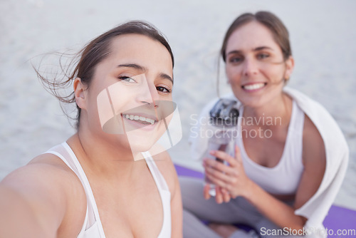 Image of Yoga selfie, beach portrait and women happy for outdoor fitness, pilates training or body health care goals. Freedom peace, exercise workout and photo memory of friends, people or team relax on sand