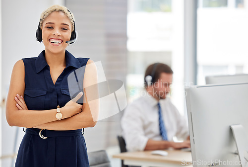 Image of Crm, black woman and call center portrait with smile from telemarketing success and consultant work. Consulting, contact us and customer service employee with headphones and happiness from web help