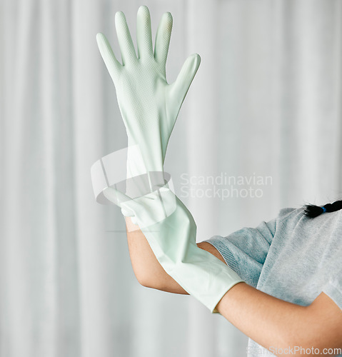 Image of Cleaning gloves, hands and woman in a home ready to start bacteria and mess removal for safety. House, cleaner and maintenance of a female housekeeping employee with rubber glove for clean household