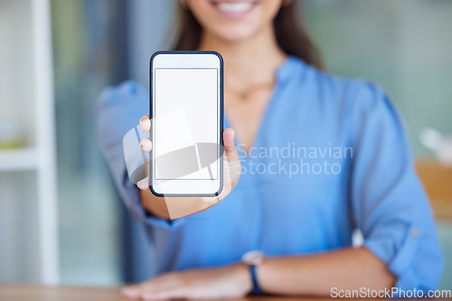 Image of Phone screen, mockup and office hands for mobile app, ux design or space for product placement. Website, social media and online business woman on smartphone technology mock up and professional smile