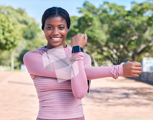 Image of Portrait, black woman outdoor and stretching, training and fitness with smile, wellness and healthy lifestyle. Face, African American female athlete or happy lady stretch arms, practice and in nature