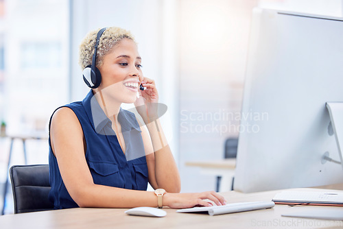 Image of Call center, computer and black woman smile for success in telemarketing sales, customer service or virtual consulting. Telecom, technical support or ecommerce consultant, agent or help desk worker