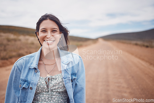 Image of Woman, portrait smile and countryside travel for holiday break, vacation or road adventure journey in the outdoors. Happy female traveler smiling for fun traveling in joy for outing in dessert safari