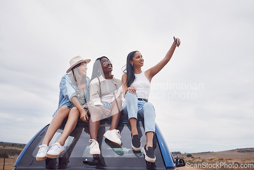 Image of Road trip selfie of women friends on car roof with sky mockup for social media, group travel and vacation. Profile picture of diversity youth or people in Africa safari, desert or countryside journey