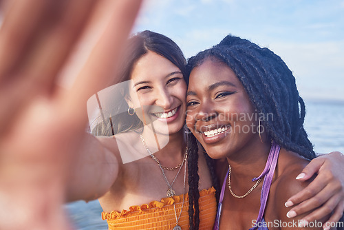 Image of Selfie, hug and portrait of friends at beach for vacation, bonding and travel in Miami. Friendship, freedom and women hugging for a photo on an influencer holiday and live streaming from the ocean