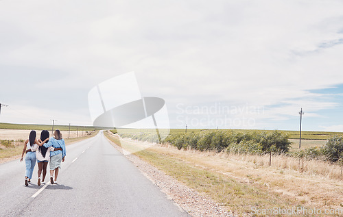 Image of Girl friends, road trip and street walking of girls back on a vacation adventure with mockup. Countryside, travel and holiday freedom of women together on walk break in summer together feeling free