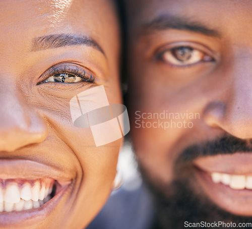 Image of Love, zoom and portrait of happy black couple with smile on face and romantic date for valentines day. Happiness, romance and man and woman smiling together in close embrace and loving relationship.