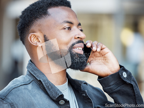 Image of Phone call, face and talking in the city with a black man closeup outdoor for wireless communication. 5g mobile technology, networking and chatting with a handsome young male outside in an urban town