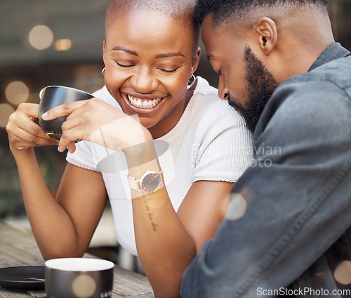 Image of Love, black couple and affection in cafe, happiness and relationship with celebration, Valentines day and romance. Romantic, man and woman in coffee shop, loving and bonding while on dating and happy