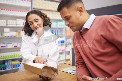 Image of Pharmacy, medicine information and customer with pharmacist talking about pills side effects. Reading, prescription info and healthcare worker with customer service for health and wellness check