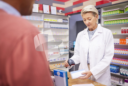 Image of Pharmacy, barcode scan and senior woman pharmacist with customer buying medicine and pills. Store payment, pharmaceutical clinic and healthcare worker scanning code for patient payment in shop