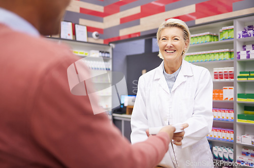 Image of Service, medical and pharmacist with medicine for a man for healthcare product at a pharmacy. Smile, help and clinic woman giving a patient pills for an illness, flu or cold while working in health
