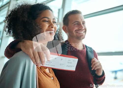 Image of Travel, airport and couple with ticket boarding international flight for happy holiday destination together. Smile, black woman and man with visa for travelling to foreign country for immigration.