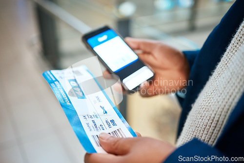 Image of Plane ticket, online check and black man hands holding airplane documents and phone for flight. Digital app, networking and airport document for travel schedule with male holding barcode information