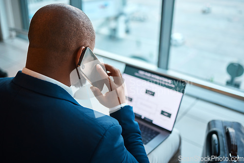 Image of Phone call, laptop and man at airport with travel agency website, schedule and communication services. African business person in waiting room or lobby with suitcase, smartphone and booking online