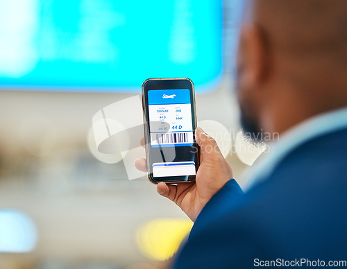 Image of Qr code, travel and man with a phone for a ticket, airplane booking and information at the airport. App, website and hand of a businessman reading a barcode on a mobile for a work trip or vacation