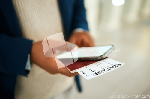 Image of Phone, airport ticket and man hands for online booking, fintech and digital payment notification. Mobile app, screen mockup and person typing flight information with passport and identity document