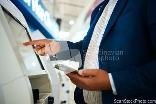 Image of Check in, booking and hands of a man with a phone for travel, ticket and flight information. Reservation, service and businessman typing on a machine for departure on a work trip with a mobile