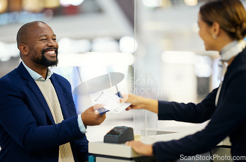 Image of Airport, black man and passport for travel, woman assist client, smile or traveler check in. Business, African American male, passenger or ceo with ticket, employee helping with flight or immigration