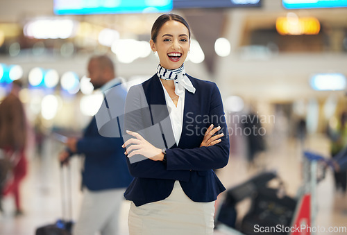 Image of Flight attendant, woman and about us portrait of an airport company with airline worker happiness. Global travel, international guide and air travel employee feeling proud with a smile from work