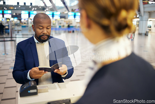 Image of Black man, airport and passport document for woman at concierge help desk, lobby and identity for travel. African businessman, documents and immigration at inspection for international transportation