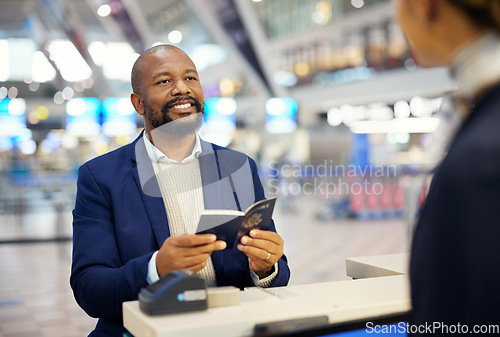 Image of Black man, passport and airport desk for travel, security and identity for global transportation service. African businessman, documents and concierge for consultation on international transportation