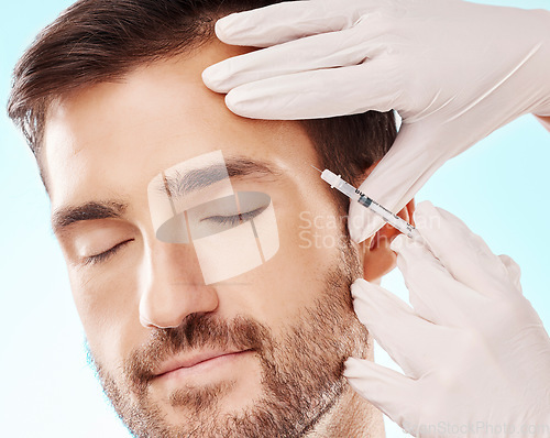 Image of Face, cosmetic injection and mesotherapy with man, hands and needle syringe, skincare and medical on blue background. Healthcare, beauty and healthy skin with procedure, cosmetics and dermatology