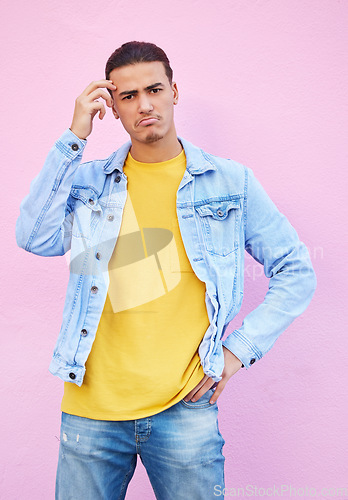 Image of Portrait, thinking and man scratching his head confused, wondering and isolated in a studio pink background. Male, model and person sad, frustration and question by guy with hand on head
