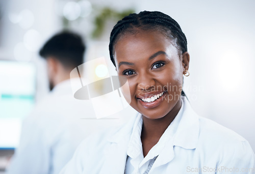 Image of Portrait, scientist and smile of black woman in laboratory ready for medical healthcare. Science, innovation and face of happy, proud and confident female doctor, researcher or expert from Nigeria.