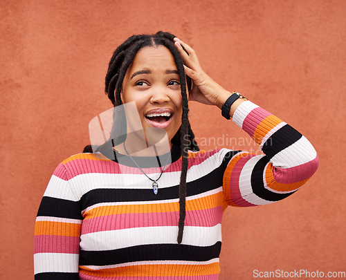 Image of Wall, black woman and surprise with smile, emoji and cheerful on studio background. African American female, lady or shocked with news, achievement or opportunity with trendy clothes or casual outfit