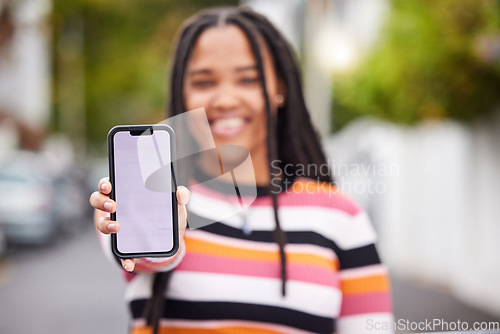 Image of Mockup, phone and portrait, screen and black woman in road for travel, advertising and copy space. Face, smartphone and display by student traveling, connect or social media app on blurred background