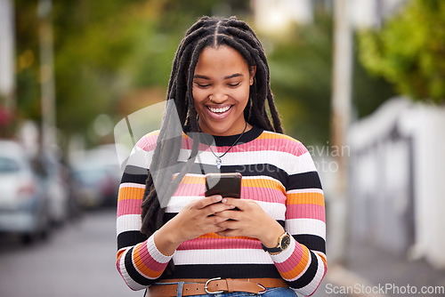 Image of Black woman with smartphone in city, happy outdoor with technology, chat and communication, travel and fashion. Social media, urban street and adventure with happiness, connectivity and 5g in Jamaica