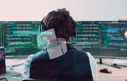 Image of Coding, computer screen with man, programmer and web design, software update with information technology and code. Cybersecurity, ux and wifi, headphones and cyber space with programming back view