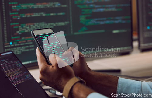 Image of Phone in hands, code and man coding, programmer and software update with information technology and screen. Cybersecurity, ux and network with wifi, web design and cyber space with cpu programming