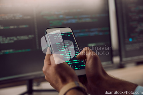 Image of Coding, smartphone in hands and man, programmer and computer software update, information technology and code. Cybersecurity, ux and network with wifi, web design and cyber space with cpu programming