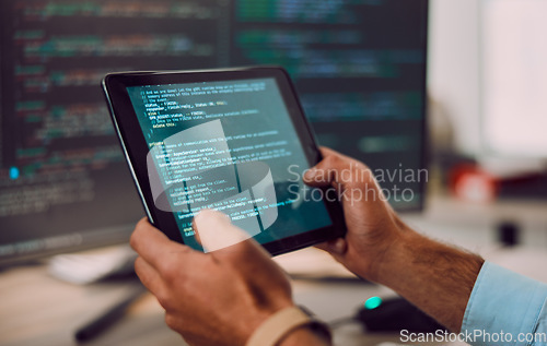 Image of Coding, tablet in hands with man, web design and software update, computer with information technology and code. Cybersecurity, ux and network with wifi, programmer and cyber space with programming