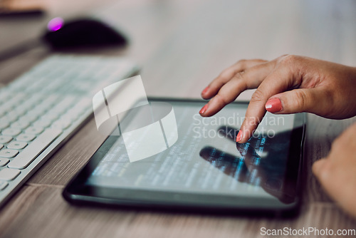 Image of Hands, tablet screen and programmer typing in office, coding or programming on desk. Information technology, female developer and woman with digital touchscreen for software development in workplace.