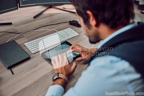 Image of Coding, tablet and man typing with programmer and software update, information technology and code at desk. Cybersecurity, ux and network with wifi, web design and cyber space with cpu programming