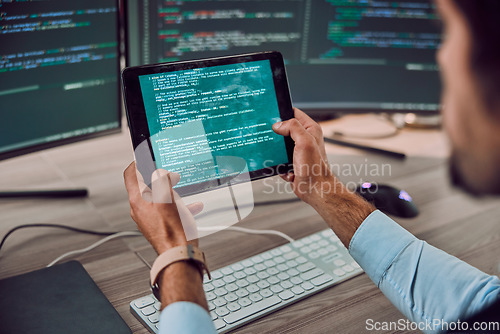 Image of Coding, computer and tablet in hands with man, programmer and software update, IT and code at desk. Cybersecurity, ux and network with wifi, web design and cyber space with tech and cpu programming