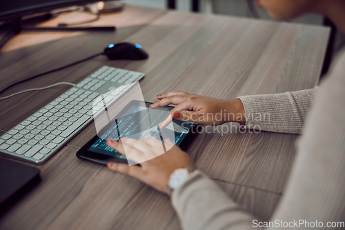 Image of Tablet, hands and programmer screen for coding or programming on desk in office. Information technology, female developer and woman with digital touchscreen for software development in workplace.