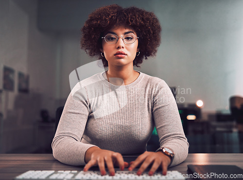 Image of Portrait, programmer keyboard and woman typing, research or programming online at night. Information technology, computer keypad and female employee or coder with glasses working on software project.