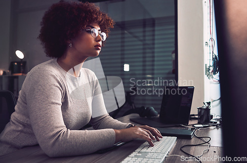 Image of Night, computer typing and black woman programmer, software developer and cybersecurity internship. Coding, programming and USA person or developer data analytics, information technology and research