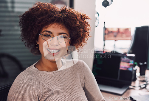 Image of Portrait, programmer and smile of woman in office ready for programming or coding. Information technology, developer and face of happy female coder from South Africa with glasses and success mindset.