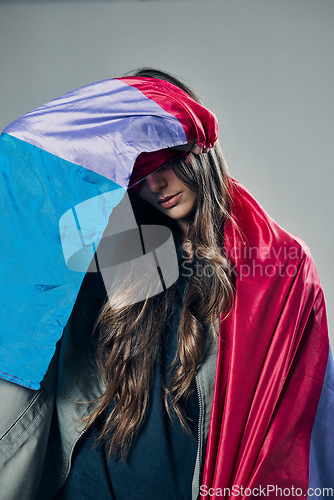 Image of Bisexual flag, pride and woman, lgbtq and freedom to love, inclusion and equality, protest for human rights. Gay, trans and lesbian, politics and identity with community isolated on studio background