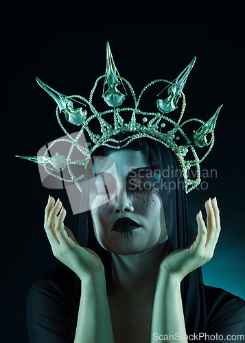 Image of Makeup, dark art and queen woman isolated on black background for fantasy, macabre and beauty character. Vampire, fashion and crown of avatar person or model with cosmetics in night studio mockup