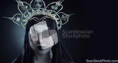 Image of Halloween makeup, woman costume and portrait of grunge Korean cosmetics with grunge royalty aesthetic. Cosplay, goth fashion and Asian model with creative cosmetics and crown in studio with mockup