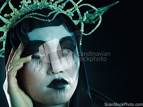 Image of Halloween, grunge beauty face and fantasy cosmetics with dark royalty and ghost aesthetic. Cosplay, goth fashion and Asian woman model with creative cosmetics and crown for dress up in studio mockup