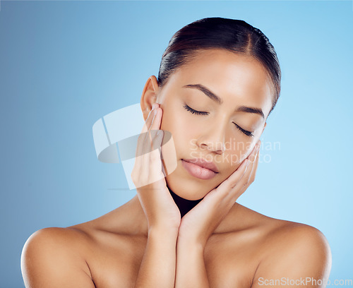 Image of Woman, beauty and eyes closed in studio for skincare, wellness and cosmetics glow from salon spa. Calm model face, facial and healthy aesthetic of laser dermatology, natural shine and transformation