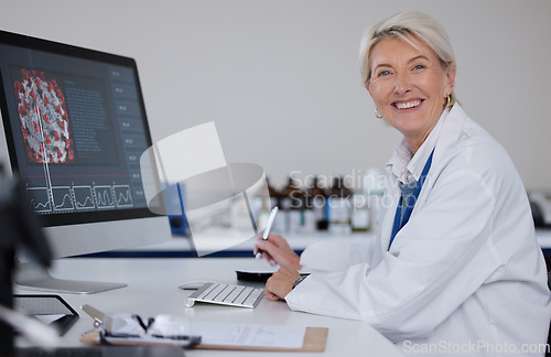 Image of Science portrait, computer and senior scientist work on virus report for healthcare innovation, lab research or medical analysis. Laboratory, medicine study and woman happy for hospital development