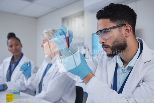 Image of Science, laboratory and team with blood in test tube for medical research, investigation or dna testing. Biotechnology, forensic lab and scientists with fluid sample for analysis, study or experiment